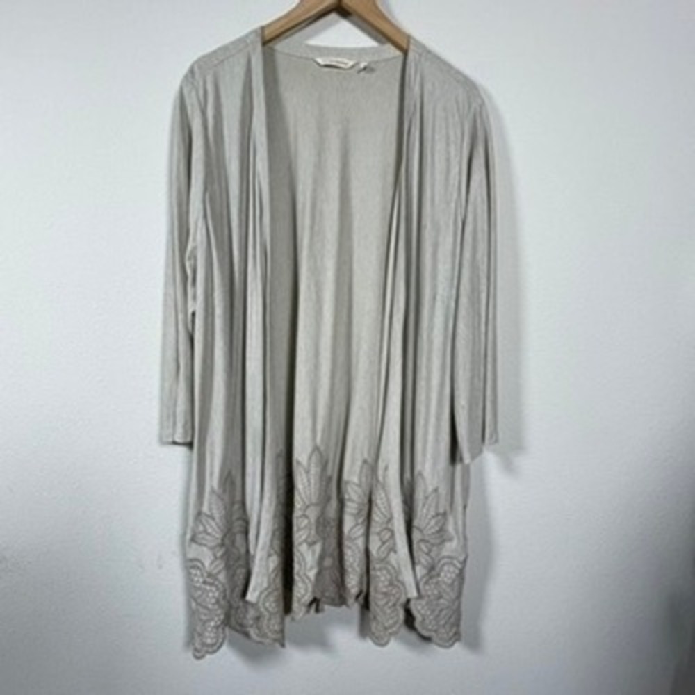 Soft Surroundings Cardigan Boho Womens 2X Beige Layer Embroidered Scallop Hem